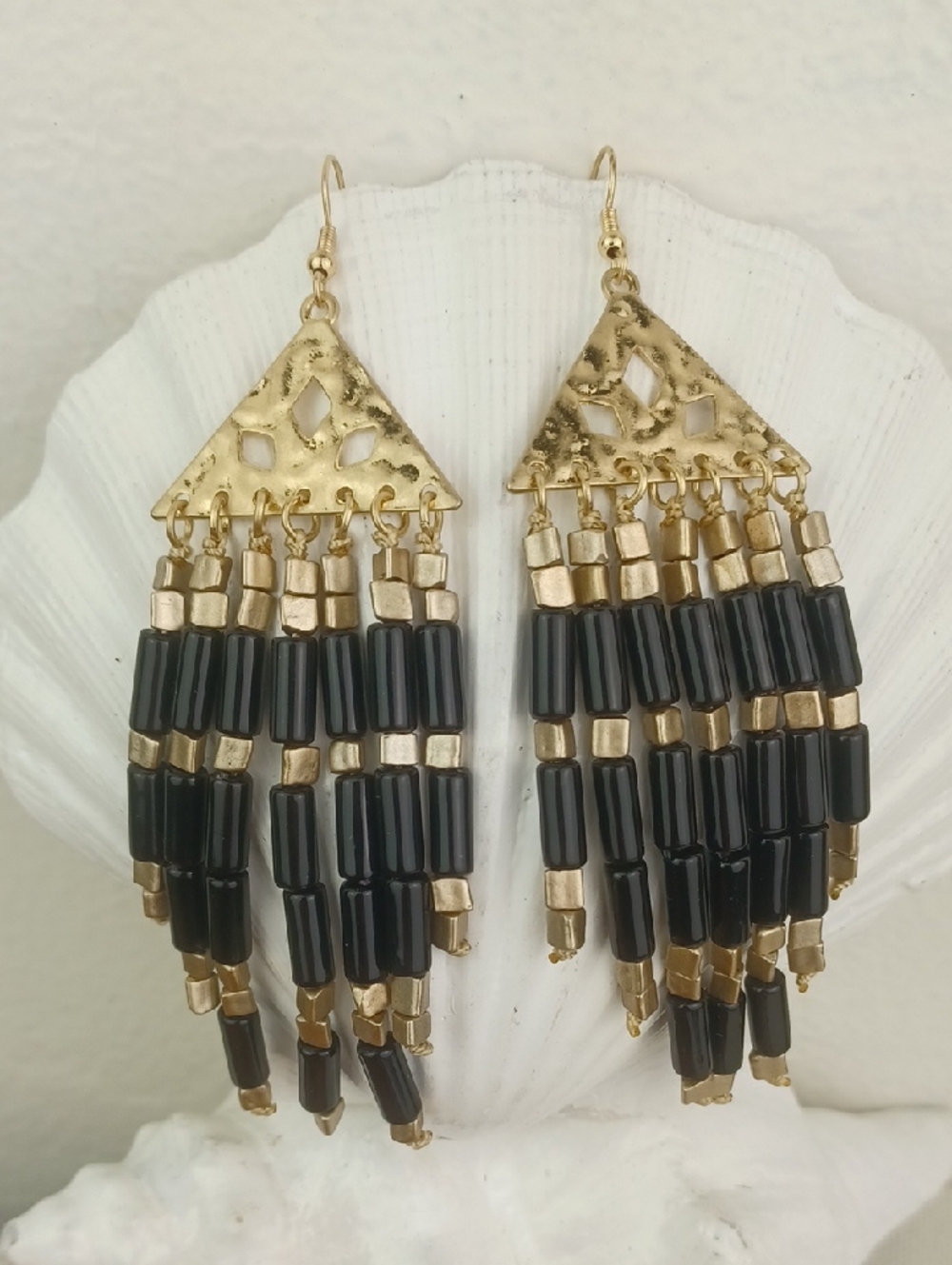 Plunder Cleopatra Style Hammered Gold Tone Black & Gold Beaded Fringe Earrings